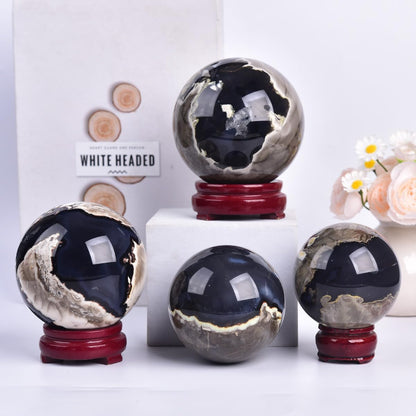 JIC Gem 3.1-3.5 inch(80-90mm) Large Volcanic Agate Crystal Sphere Quartz Crystal Ball with Stand Healing Ornament Witchcraft Meditation Decor