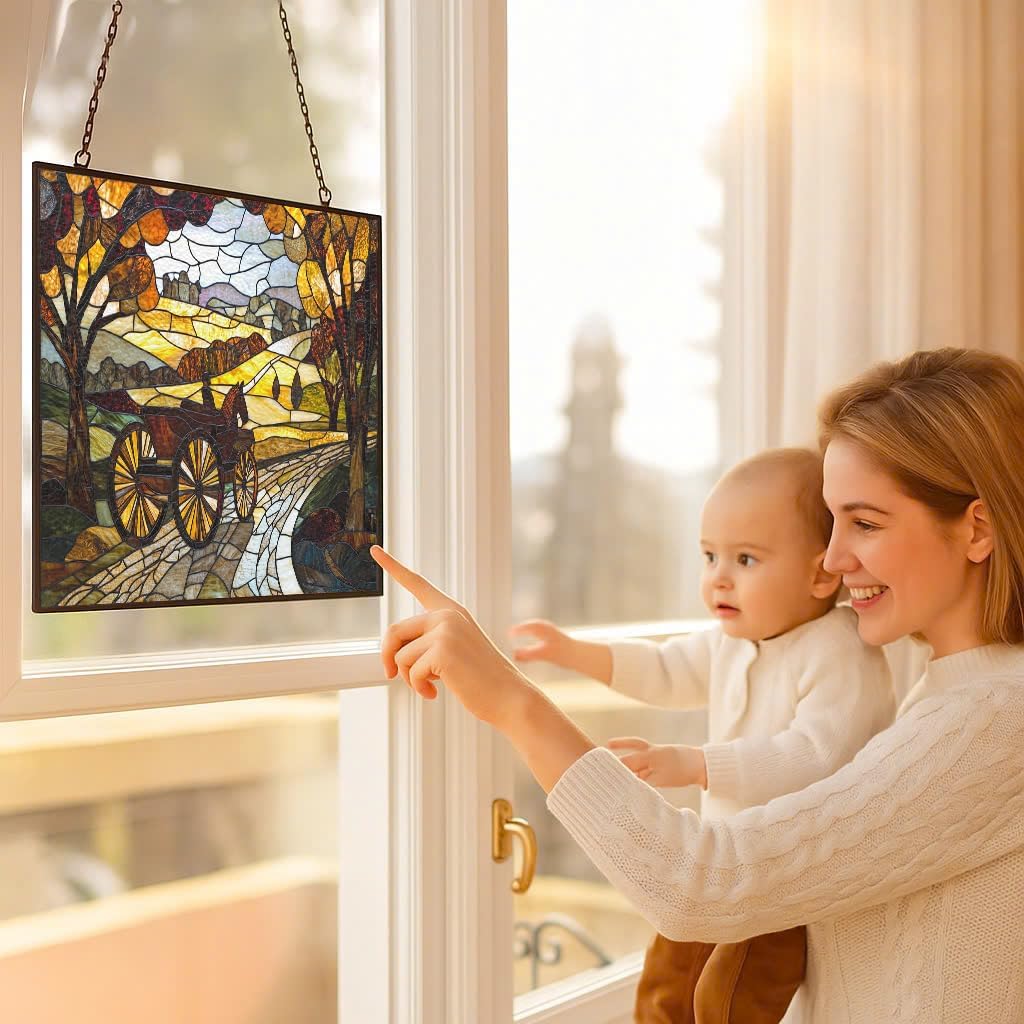 Personalized Rectangle Art Nouveau Carriage Road Suncatchers for Windows, Stained Glass Window Hangings,Hand-Painted Glass Panel Perfect for Home Décor