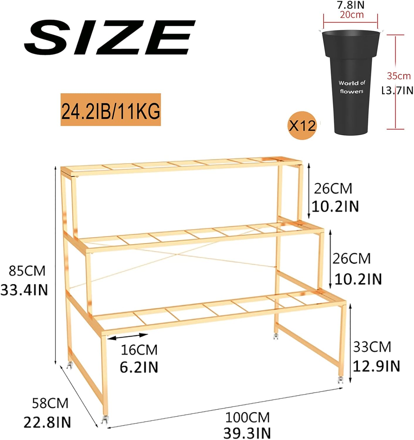 Flower Display Stand With 12PCS Buckets, 3 Layers Metal Plant Stand with Wheels, Heavy Duty Moving Plant Cart Shelf, for Indoor, Outdoor Patio Garden, Living Room, Florist (Black - Round Bucket)