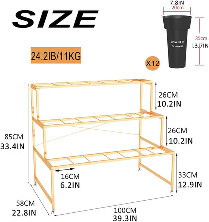 Flower Display Stand With 12PCS Buckets, 3 Layers Metal Plant Stand with Wheels, Heavy Duty Moving Plant Cart Shelf, for Indoor, Outdoor Patio Garden, Living Room, Florist (Black - Round Bucket)