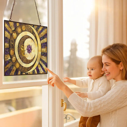 Rectangle Sun and Moon Suncatcher Indoor/Outdoor Stained Glass Window Hanging Handmade Suncatchers Home Decor Garden Christmas Party Wedding Housewarming Gifts