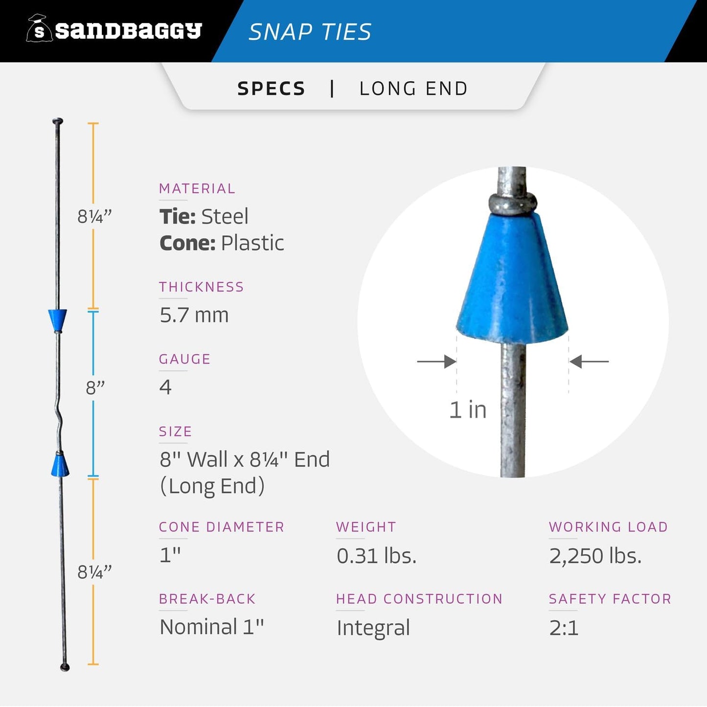 8" Standard Snap Ties for Concrete Forms - 1" Plastic Cones, Integral Heads - 2:1 Safety Factor, 2,250 lbs Working Load - Construction Grade 4 Gauge Steel (Long End - 8.25", 25)