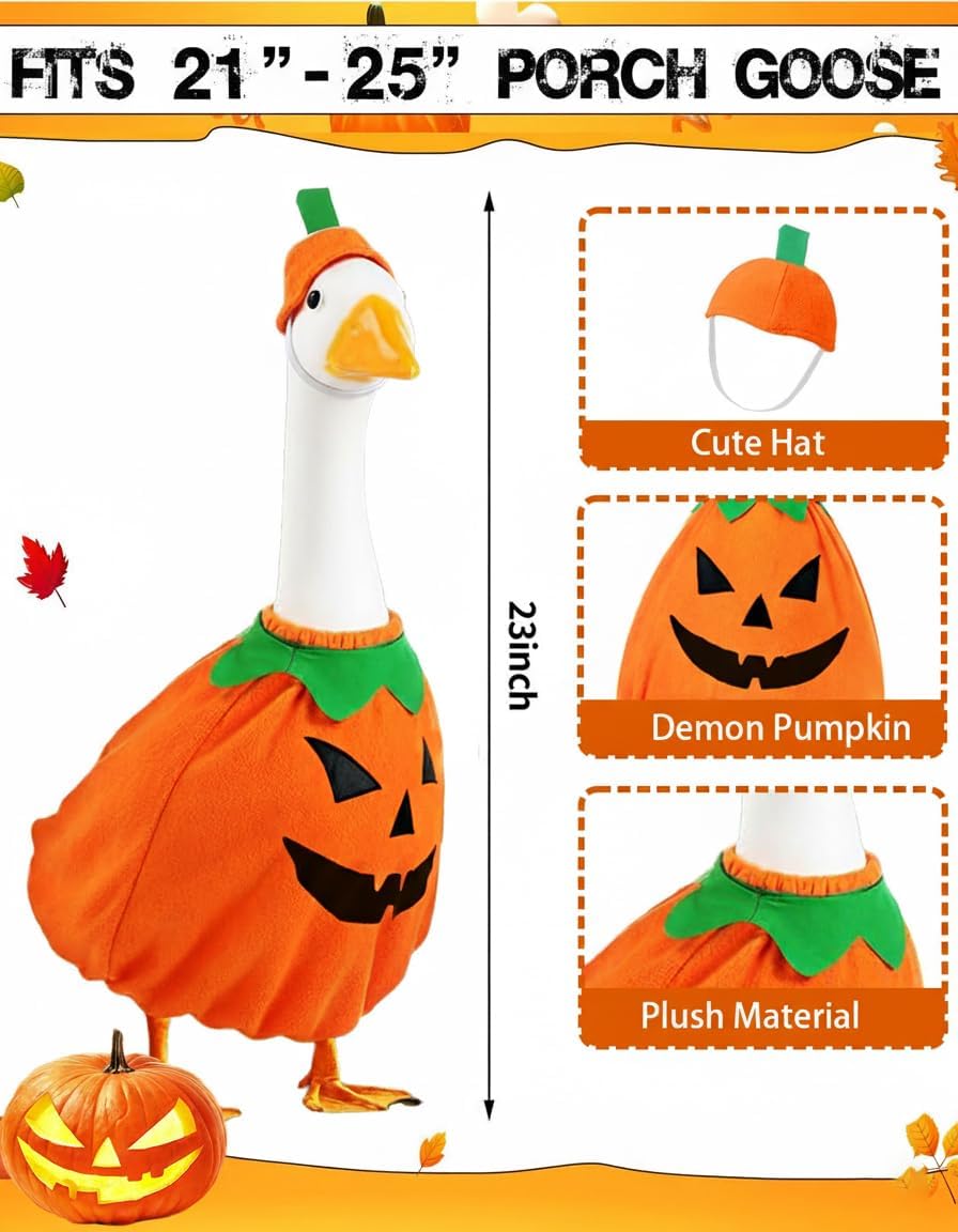 Helloween Porch Goose Outfits, 2 Pcs/Set Pumpkin Lawn Cement Goose Clothes, 23" Patio Yard Garden Geese Costume Decoration