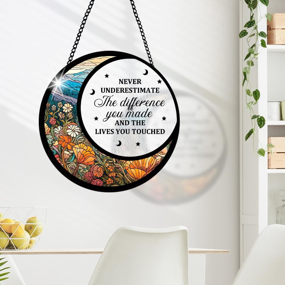 Flower Stained Glass Panel with Moon and Star, Floral Hanging Sun Catcher for Wall, Inspirational Quote Window Ornaments, Uplifting Quote Decor, Gifts for Boys Girls Christmas Housewarming, Birthday