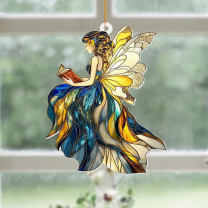 Reading Fairy Book Ornament – Stained Glass Style Acrylic Christmas Ornament, Book Lover Gift for Women, Teacher & Librarian Book Club Decorations, Fantasy Ornament Holiday Décor(Sun-01)