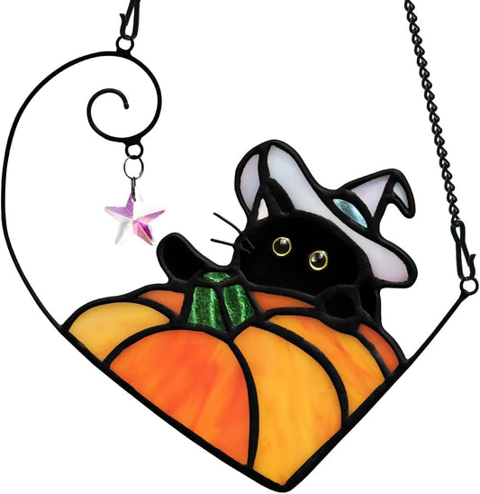 BOXCASA Black Cat Decor Stained Glass Window Hangings Pumpkin Ornament,Halloween Decor Witch Hat