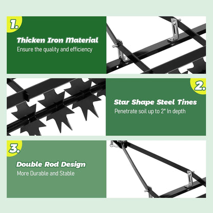 32" Tow Behind Lawn Aerator with Galvanized Steel Tines and Wide Tow Bar Black Lawn Aerator, Soil Penetrator Spikes Tractor for Home Yard Farm Use