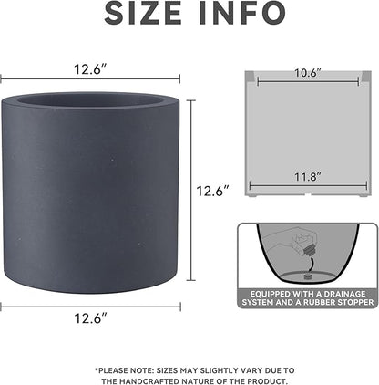 Kante 12.6" Dia Round Concrete Planter, Modern Style Large Cylindrical Plant Pot with Drainage Hole and Rubber Plug for Indoor Outdoor Patio, Charcoal