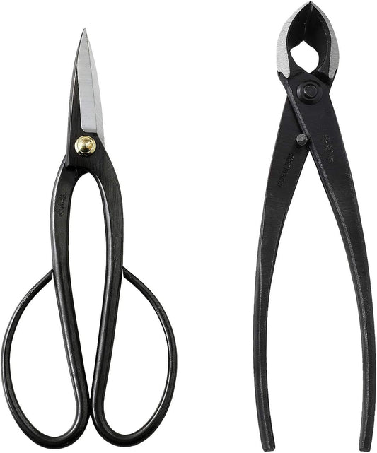 Wazakura Japanese Bonsai Tool Kit Set MADE IN JAPAN, Long Handle Ashinaga Scissors 8inch(200mm) + Concave Branch Cutter 8inch(200mm)