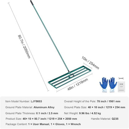 VEVOR Lawn Leveling Rake, 48""x10"" Level Lawn Tool, Heavy-Duty Lawn Leveler with 78"" Steel Extended Handle, Yard Leveling Rake Suit for Garden, Golf Lawn, Farm, Green