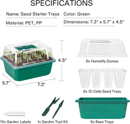 VIVOSUN 6-Pack Seed Starter Trays, 72-Cell Seed Starter Kit with Humidity Dome, Flat Reusable Plant Germination Trays with Drain Hole, Green Propagation Tray for Planting Seeds