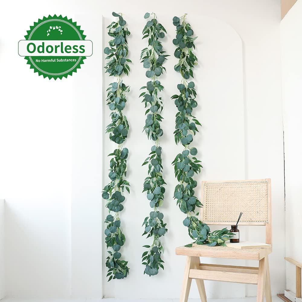 3 Strands Artificial Vines Kit, 78" Silk Eucalyptus Ivy Garland Green Leaves Natural Odorless, Fake Greenery Hanging Plants Decoration for Home, Bedroom, Wall, Party, Wedding Decor