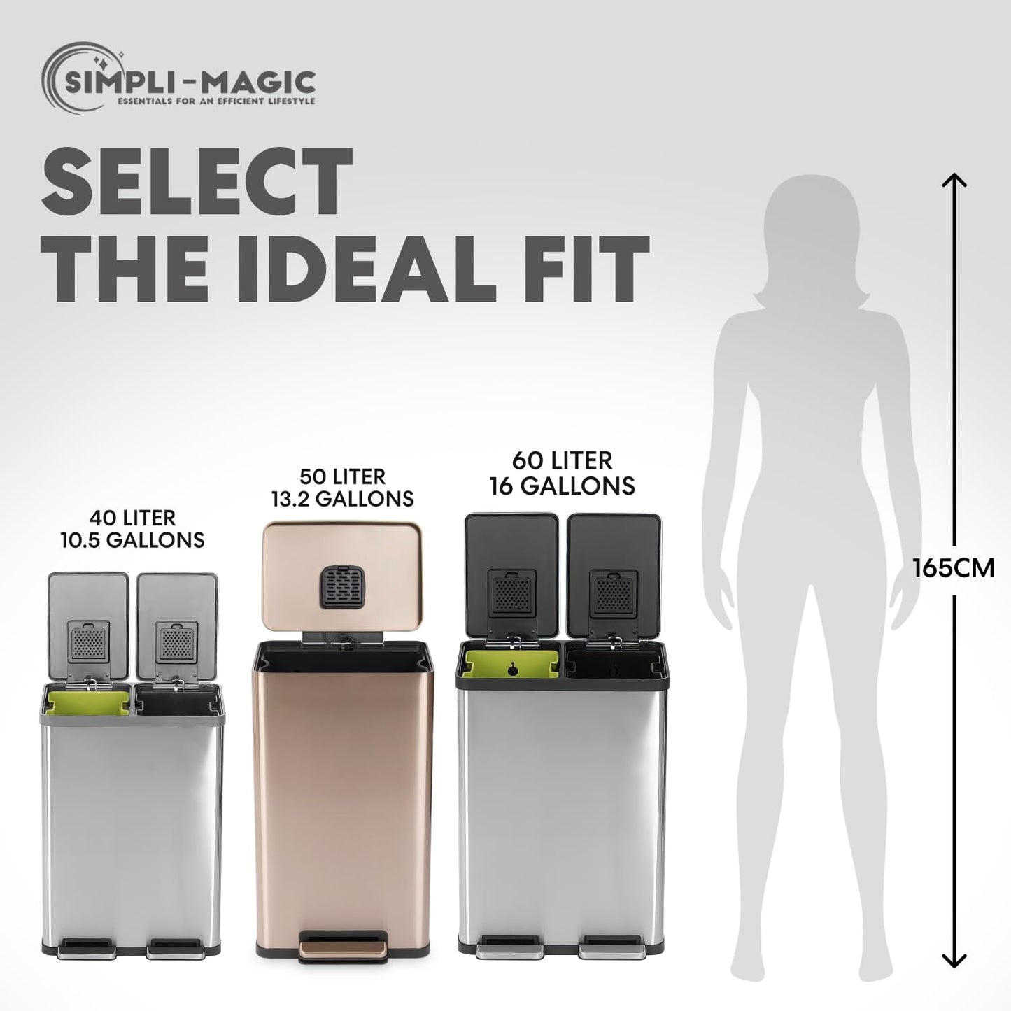 SIMPLI-MAGIC 13.2 Gallon (50L) Step Trash Can – Kitchen Garbage Can with Slow-Close Lid – Odor Control, Hands-Free, Easy to Clean, Brushed Stainless Steel (Rose Gold)