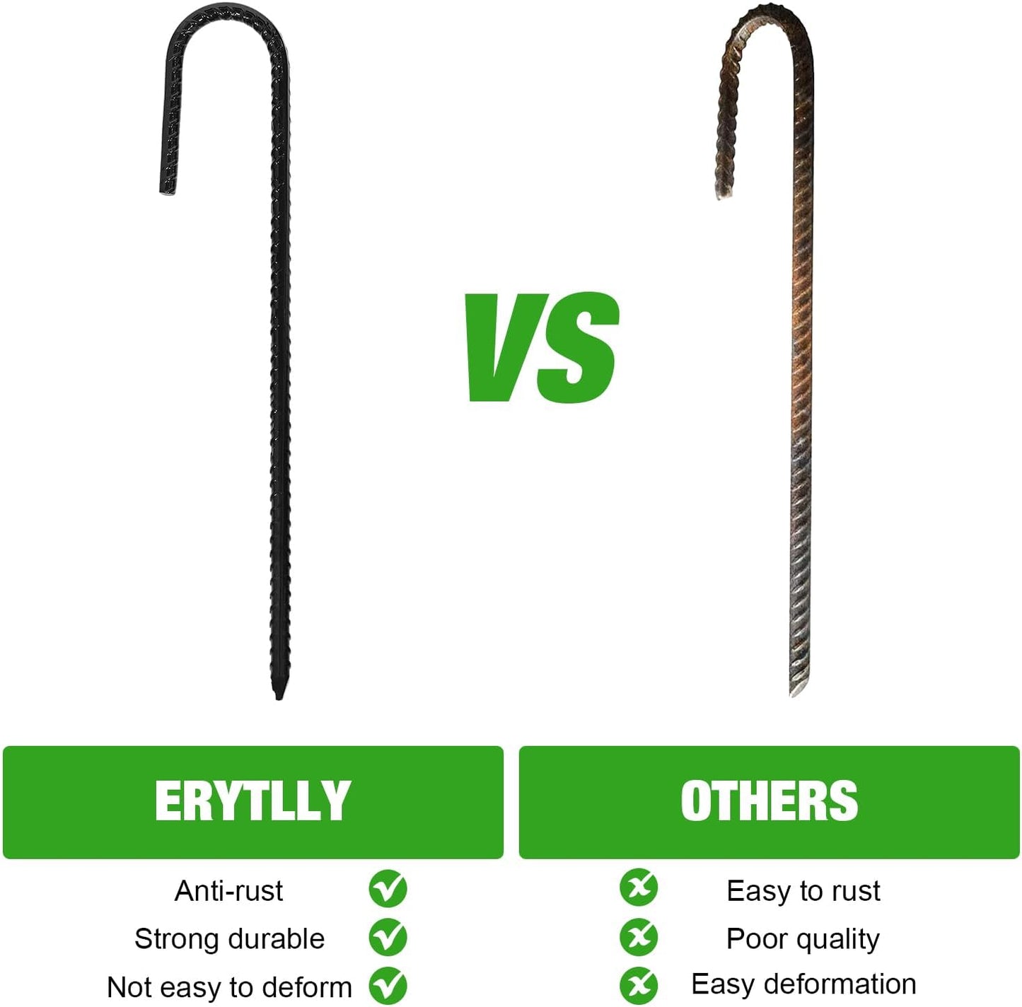 ERYTLLY 12In Rebar Stakes J Hook Heavy Duty Galvanized Metal Stakes for Ground Barrel Soil Tent Swing Set Anchors Fence Stakes Curved Steel Plant Support Garden Stakes with Hooks（12in 8pk）
