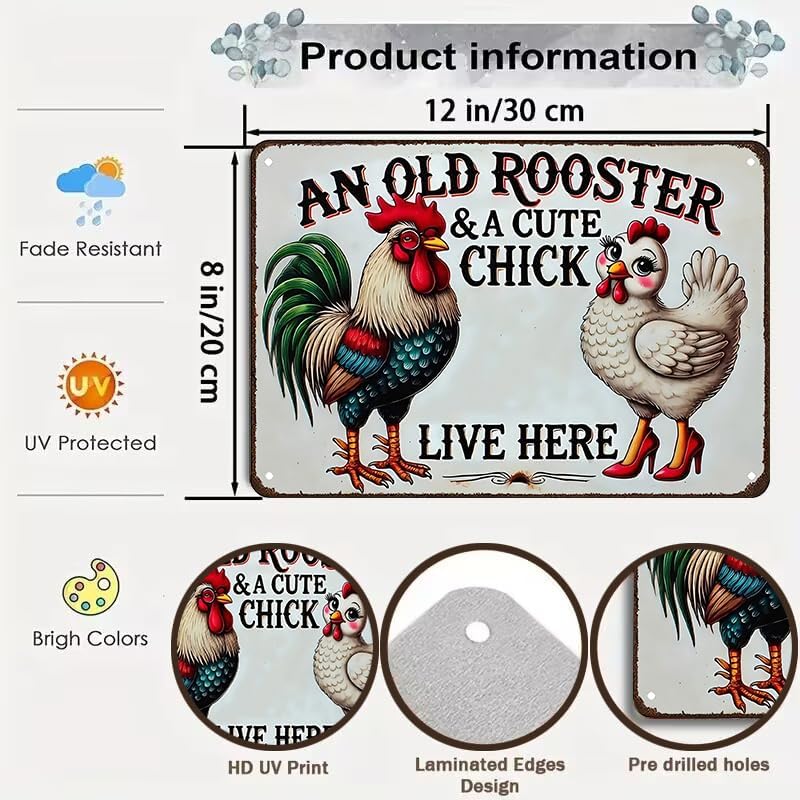 Funny Gifts for Women Chicken Lovers Farm Enthusiasts An Old Rooster And A Cute Chick Live Here Chicken Tin Sign for Chicken Coop Farm Kitchen Garden Yard Decor 8 X 12 Inch (3821)