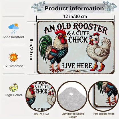 Funny Gifts for Women Chicken Lovers Farm Enthusiasts An Old Rooster And A Cute Chick Live Here Chicken Tin Sign for Chicken Coop Farm Kitchen Garden Yard Decor 8 X 12 Inch (3821)