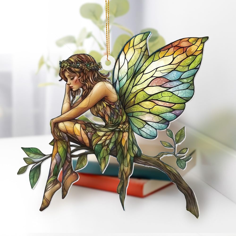 Stained Glass Fairy Ornament – Acrylic Suncatcher Window Hanging, Woodland Fantasy Decor, Christmas Tree Ornament 2025, Car Rearview Mirror Charm, Gift for Fairy Lovers, Women, Girls, Teachers(Sun-10)