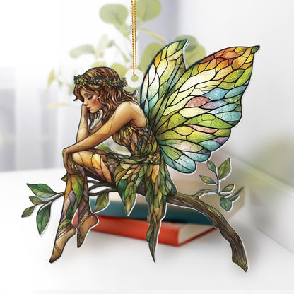Stained Glass Fairy Ornament – Acrylic Suncatcher Window Hanging, Woodland Fantasy Decor, Christmas Tree Ornament 2025, Car Rearview Mirror Charm, Gift for Fairy Lovers, Women, Girls, Teachers(Sun-10)
