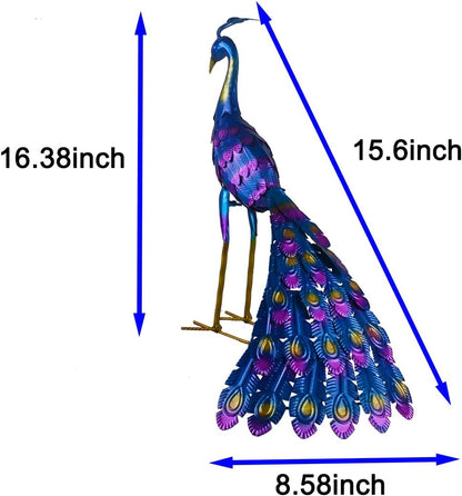 Small Peacock Statue Animal Sculpture Garden Decoration Metal Yard Art for Yard Outdoor Decoration (Long Tail)