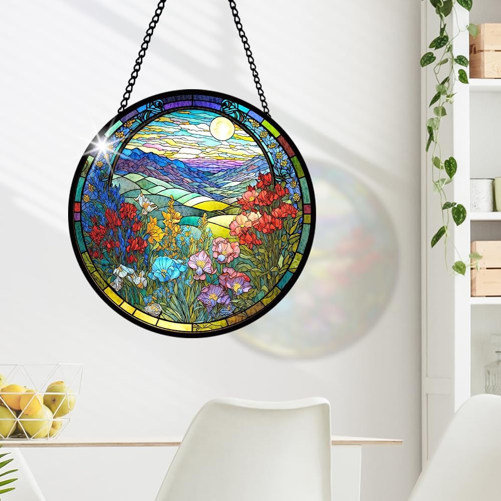 Floral Stained Glass Window Hanging, Suncatcher Ornament for Indoor Outdoor, Sea of Flowers Glass Ornament for Home Décor, Glasses Decoration Gifts for Birthday, Christmas, Wedding, Housewarming