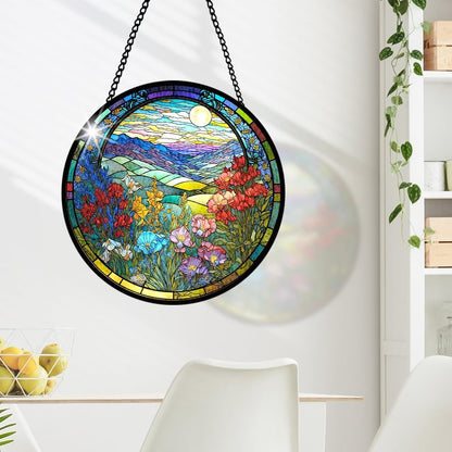 Floral Stained Glass Window Hanging, Suncatcher Ornament for Indoor Outdoor, Sea of Flowers Glass Ornament for Home Décor, Glasses Decoration Gifts for Birthday, Christmas, Wedding, Housewarming
