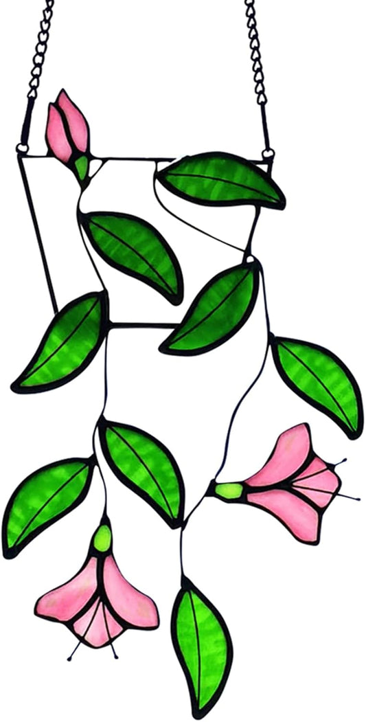 Plants Flower Stained Glass Window Hanging, Artificial Plants Sun Catchers Indoor Window, Stain