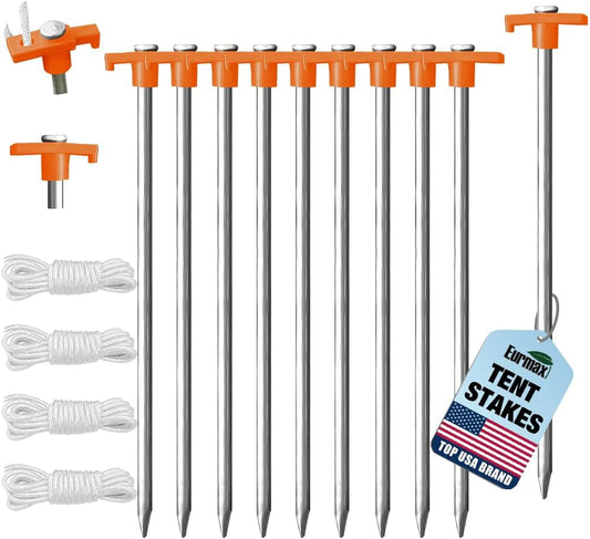 Eurmax USA Galvanized Non-Rust Camping Family Tent Pop Up Tent Stakes Canopy Anchors Heavy Duty 10pc-Pack, with 4x10ft Ropes & 1 Orange Stopper