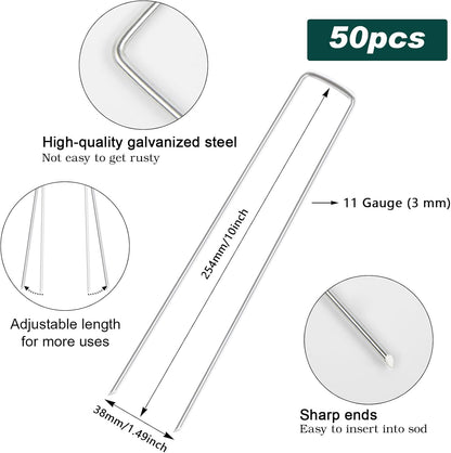FEED GARDEN 10 Inch 50 Pack Galvanized Landscape Staples 11 Gauge Anti-Rust Garden Stakes Landscaping Fabric SOD Pins Yard Stakes for Weed Barrier Fabric