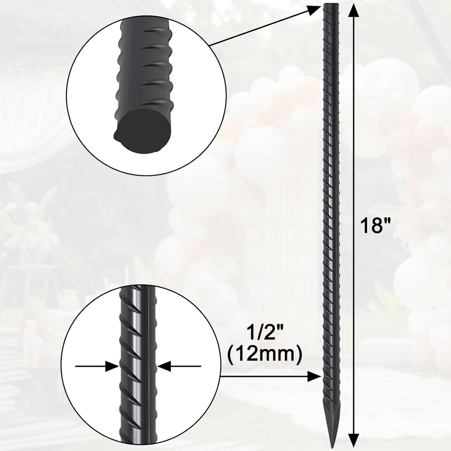 Straight Rebar Stakes 18 Inch 16 Pack Heavy Duty Steel Ground Stakes 1/2 Inch Diameter Landscape Timber Spikes with Chisel Point End for Plant Support, Concrete Form and Fence, Black
