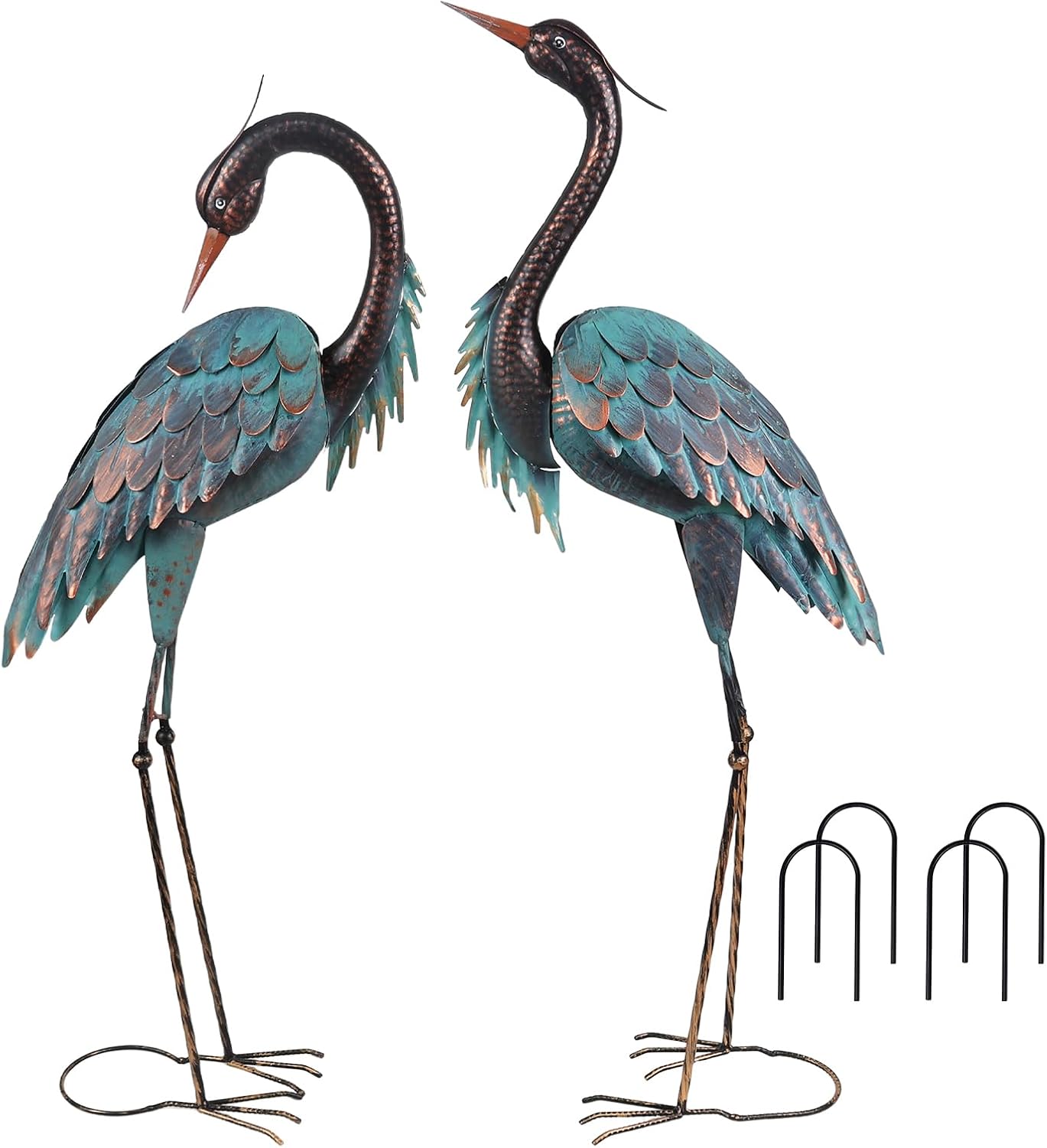 YEAHOME Garden Decor Outdoor Statues, 40"/37" Large Metal Heron Standing Yard Art, Blue Crane Lawn Sculptures Garden Decor for Outside Patio Porch Backyard, Set of 2