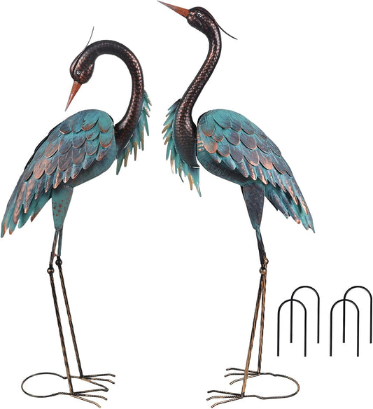 YEAHOME Garden Decor Outdoor Statues, 40"/37" Large Metal Heron Standing Yard Art, Blue Crane Lawn Sculptures Garden Decor for Outside Patio Porch Backyard, Set of 2