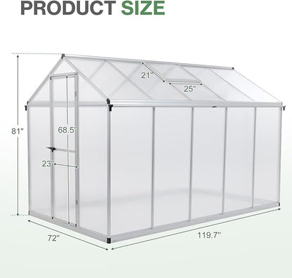 Aoodor 6 x 10 Ft Walk-in Greenhouse with Gutter, Polycarbonate and Heavy-Duty Aluminum Frame, Adjustment Skylight and Lockable 2-Sided Door for Patio, Outdoor, Yard, Lawn Use, Silver