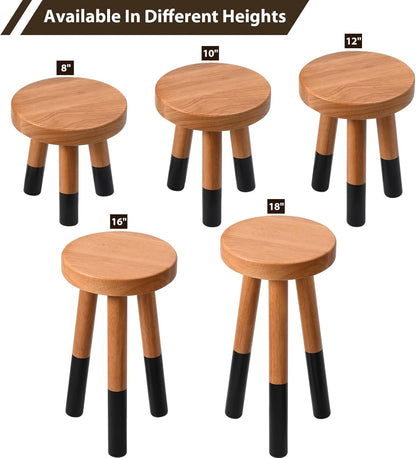 Rubber Wood 9" Round Plant Stand |Dip Dyed Black Accent Stool |Milking Stool |Small Side Table(16" H)