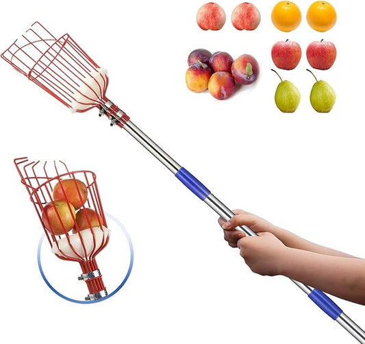 Fruit Picker Pole with Basket - 8 Foot Adjustable Height Fruit Picker Tool with Stainless Steel Fruit Picking Pole for Apple Cherry Berry Fit Orange Blueberry Mango Avocado Lemon Peach