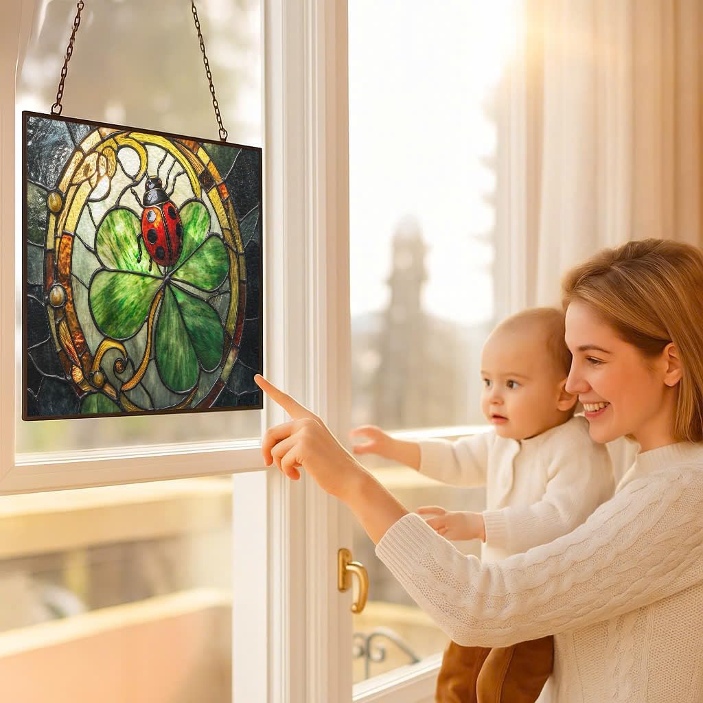 Personalized Rectangle Art Nouveau Ladybug On Clover Suncatcher Stained Glass Window Hangings Sun Catchers Colorful Ornament Gifts for Women Mom Wife Halloween Christmas Housewarming