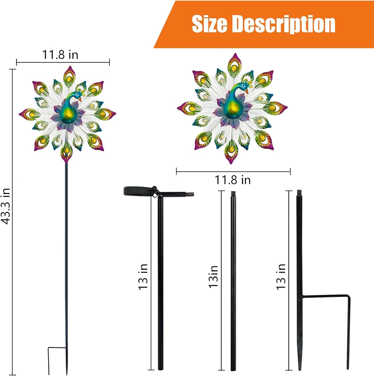 45" Peacock Garden Wind Spinners - Solar Metal Clearance Windmill Kinetic Wind Spinner Outdoor Decor, Wind Sculpture Yard Art for Patio & Lawn