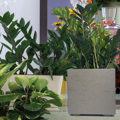 Deroma Gravity 15” Cube Planter | Light & Durable Plastic | Indoor or Outdoor Square Pot for Patio/Porch | Includes Water Reserve & Drain Plug | Trendy Planter for Plants, Flowers, Garden | Sandstone