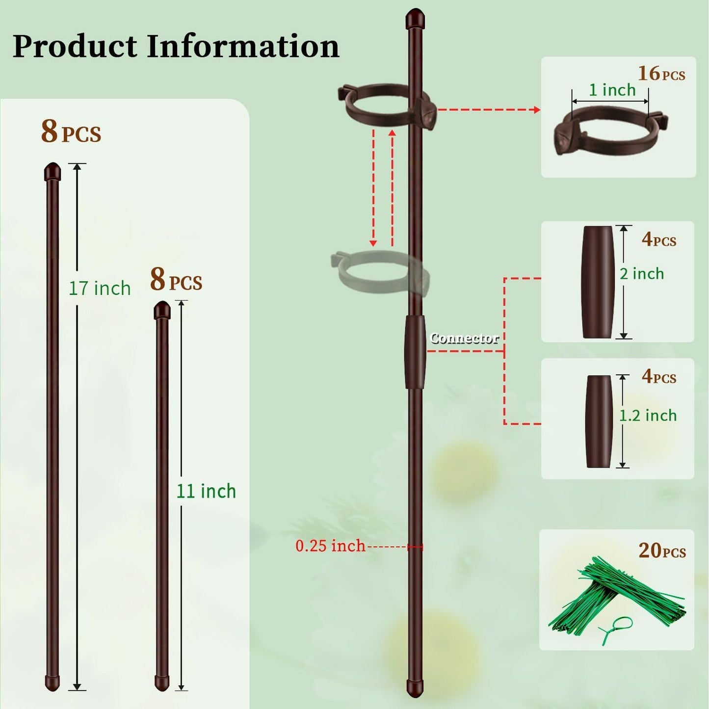 Plant Stakes 17inch &11inch SupKing 16Pcs Adjustable Flower Support Poles Brown Orchid Sticks with Clips for Indoor Outdoor Garden Potted Tomato Rose Amaryllis Vegetables Comes with 20 Ties