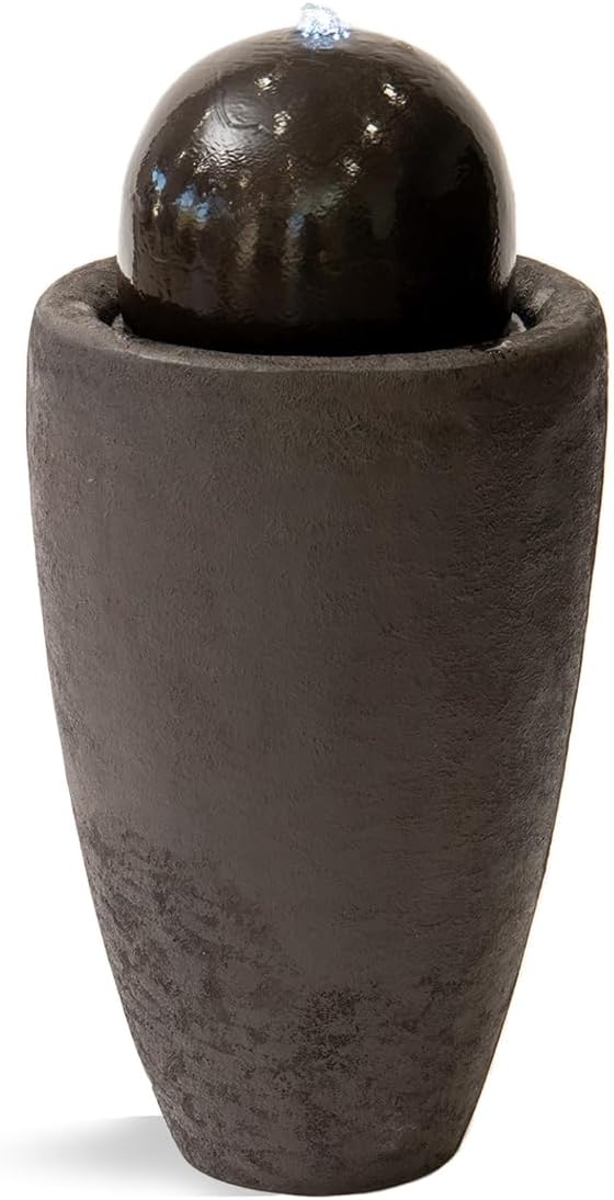 XBrand 25.98" H Round Stone Indoor/Outdoor Modern Stone Textured Sphere Water Fountain with LED Lights, Ball Fountain Decor for Garden, Patio, Outdoor, Brown