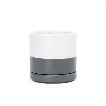 D'vine Dev 3.5 Inch Ceramic Planter Pot with Drainage Hole and Saucer, Indoor Cylinder Round Planter Pot, White/Speckled Grey, 94-O-A-6