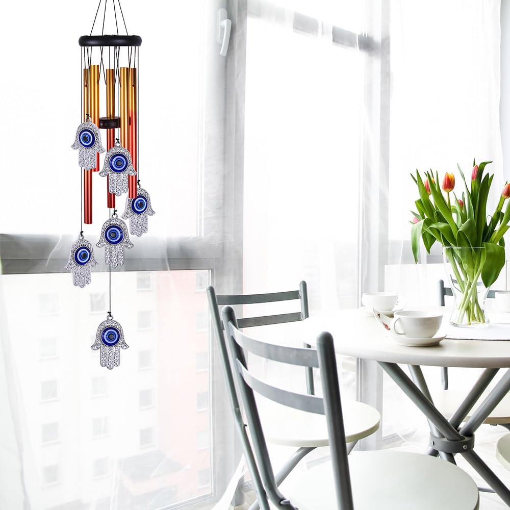 Blue Evil Eye Hand of Fatima Wind Chimes Outdoor Decoration, Evil Eye Wind Bells, Hamsa Hand Windcatcher, Fatima's Holy Hand Blue Evil Eye Amulet Wind Chimes for Home,Gift for Mom,Balcony,Patio,Garden