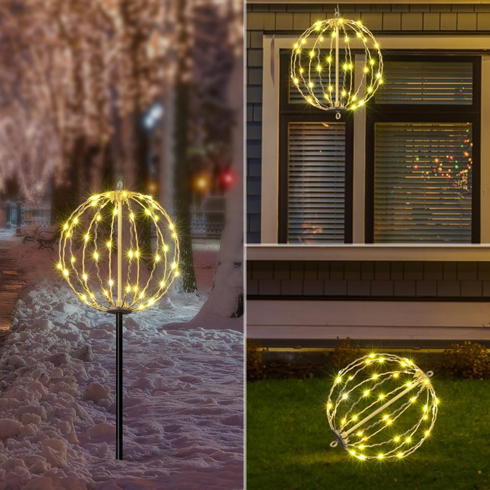 LIGHTSHARE 10IN 48LED Light Ball Yard Decoration Pathway Lights Sphere Light with Fold Flat Metal Frame Indoor Outdoor Waterproof Garden Lights, White Frame / Warm White Lights, 10
