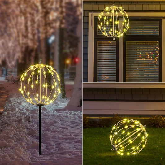 LIGHTSHARE 10IN 48LED Light Ball Yard Decoration Pathway Lights Sphere Light with Fold Flat Metal Frame Indoor Outdoor Waterproof Garden Lights, White Frame / Warm White Lights, 10