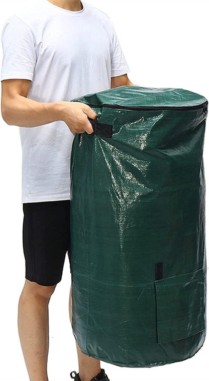 34 Gallon Garden Compost Bin Bag, Reusable Organic Fertilizer Fermented Bag with Lid,Collapsible Leaf Lawn Bags Gardening Container (Green)