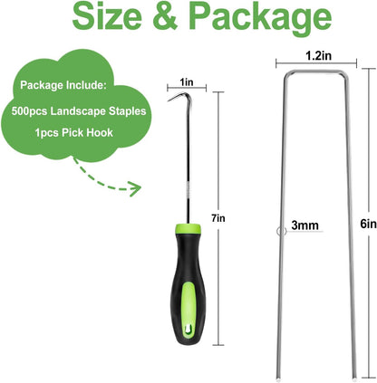FOTMISHU Landscape Staples 6 Inch 500Pcs Garden Stakes, Galvanized Lawn Pins Spray Coating Yard Ground Spikes, U-Type Staples for Weed Barrier Anchoring Outdoor Tents Hoses