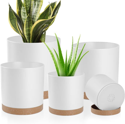 Plant Pots with Drainage Holes and Saucers – 7, 6.5, 6, 5, 4 Inch Plastic Planters for Indoor Outdoor Plants, Modern Matte Finish, Lightweight & Durable（White