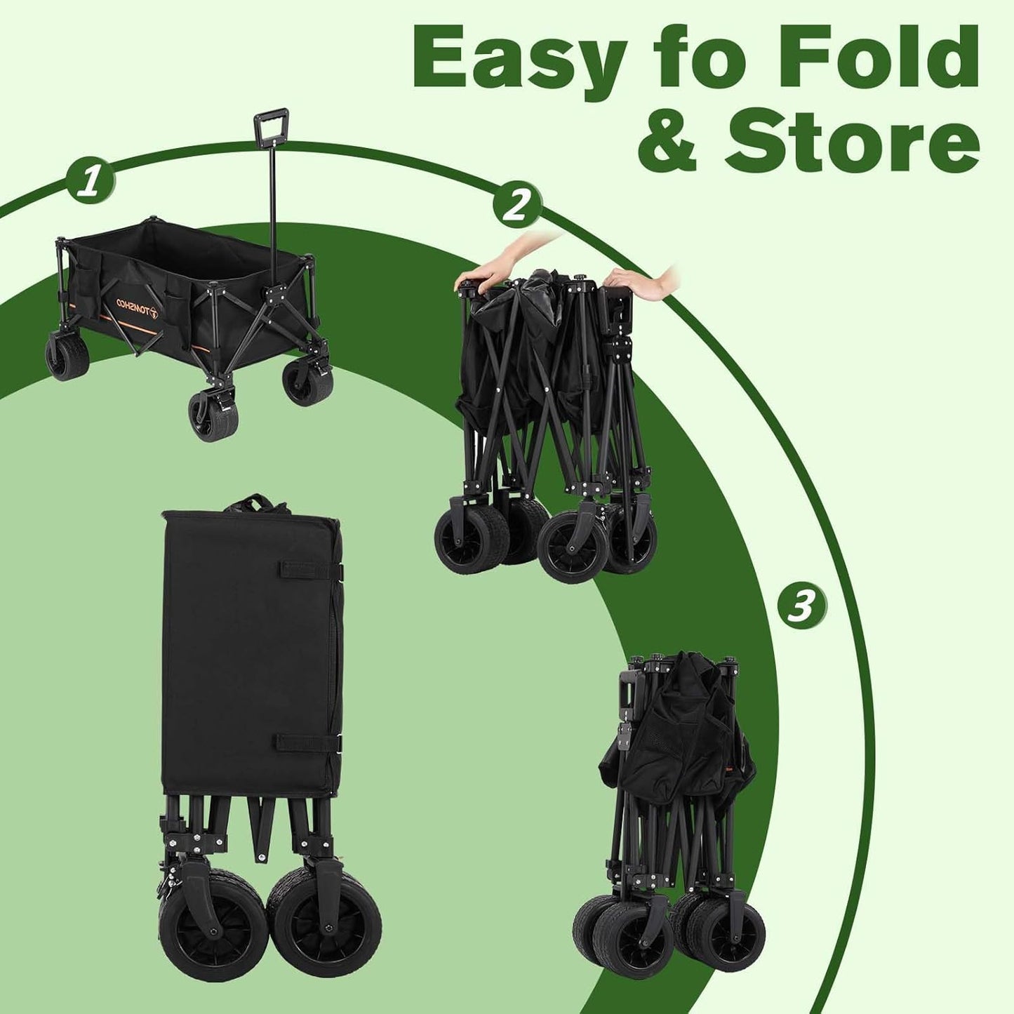 TOMSHOO Wagons Cart 120L Collapsible Wagon 330lbs Load Universal Wheels Wagons Carts Foldable with Cup Holders, Side Pocket and Brakes for Camping, Garden, Sports, Beach, Shopping, Black