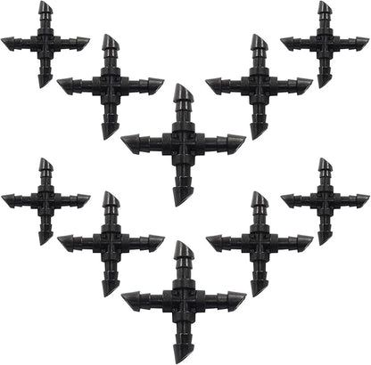 50 Pcs Black Drip Irrigation Cross Fittings, Barbed Connectors Fits Universal 1/4 Inch Drip Tubing, Barbed 4 Way Connectors for Drip Sprinkler Garden Lawn Systems
