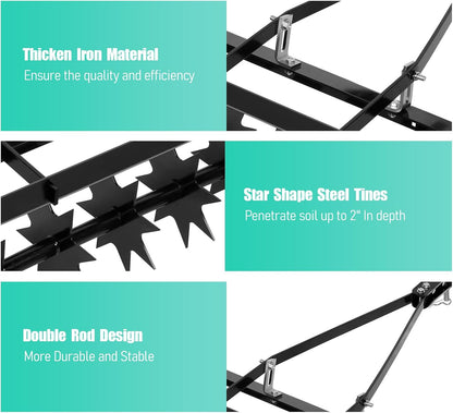 35 Inch Tow Behind Plug Aerator, Pull Behind Lawn Aerator Tool with Star Shaped Brass Nails, Spike Aerator for Lawn Soil Dredging, Yard, Garden Can Be Applied