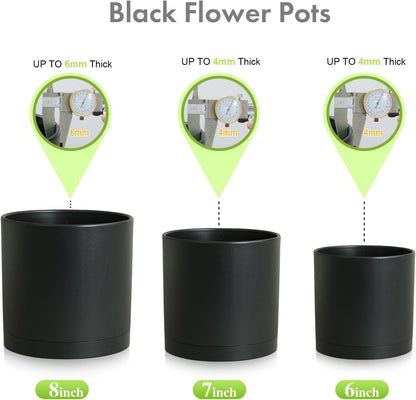 8/7/6 inch Plant Pots, 3 Set Cylinder Flower Pots for Outdoor Indoor Plants, Decorative Plastic Planters with Drainage Holes and Saucers for Garden House Plants, Black